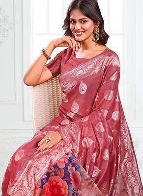 Dusty rose pink woven linen silk blend saree with floral print pallu 4