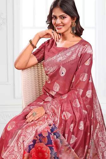 Dusty rose pink woven linen silk blend saree with floral print pallu