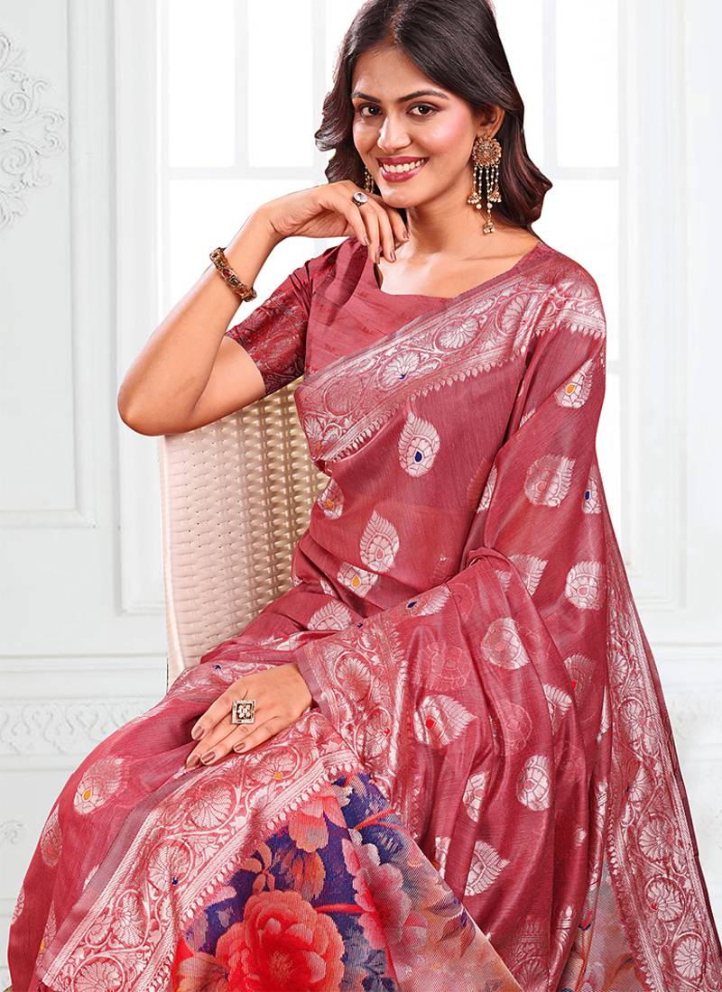 Dusty rose pink woven linen silk blend saree with floral print pallu