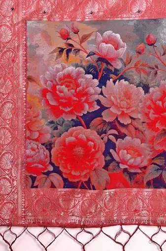 Dusty rose pink woven linen silk blend saree with floral print pallu