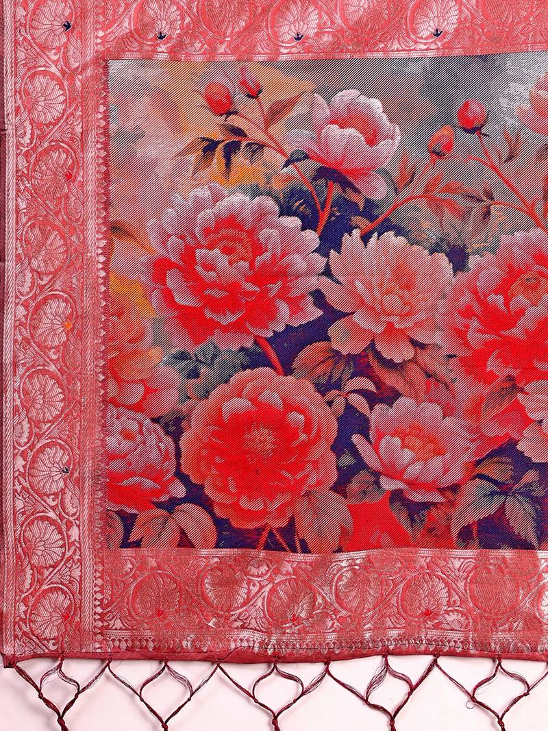 Dusty rose pink woven linen silk blend saree with floral print pallu