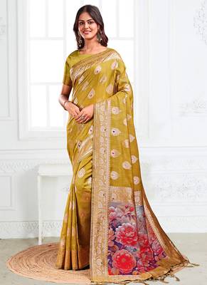 Mustard woven linen silk blend saree with floral print pallu 1