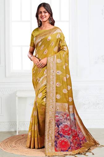 Mustard woven linen silk blend saree with floral print pallu