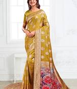 Mustard woven linen silk blend saree with floral print pallu