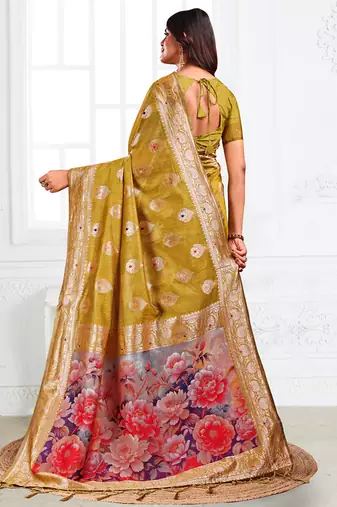 Mustard woven linen silk blend saree with floral print pallu
