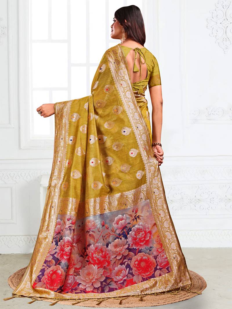 Mustard woven linen silk blend saree with floral print pallu