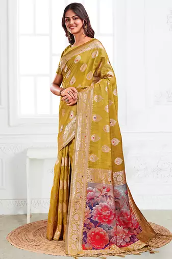 Mustard woven linen silk blend saree with floral print pallu