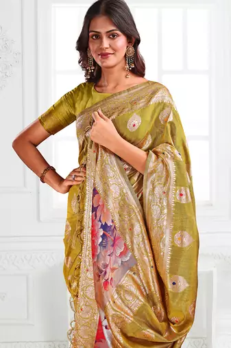 Mustard woven linen silk blend saree with floral print pallu