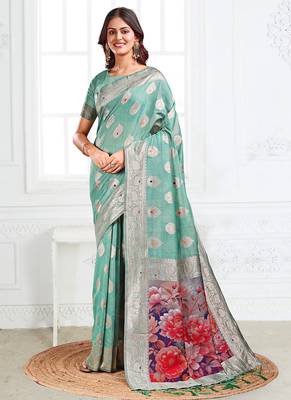 Sea green woven linen silk blend saree with floral print pallu 1