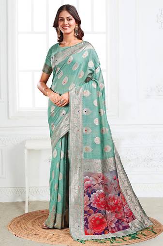 Sea green woven linen silk blend saree with floral print pallu