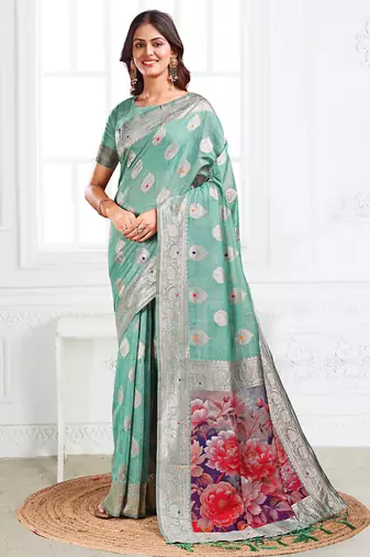 Sea green woven linen silk blend saree with floral print pallu