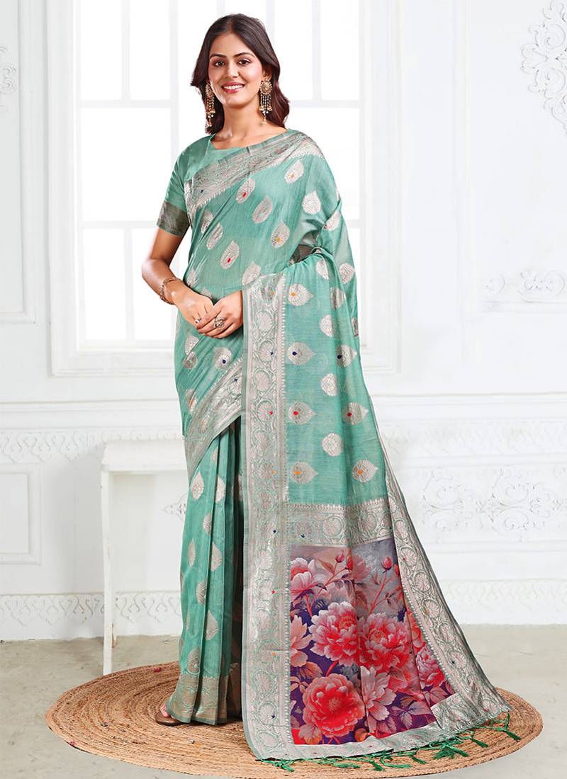 Sea green woven linen silk blend saree with floral print pallu