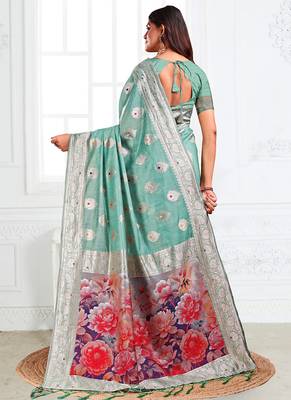 Sea green woven linen silk blend saree with floral print pallu 2