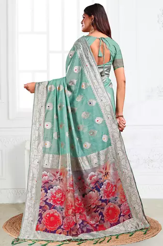 Sea green woven linen silk blend saree with floral print pallu
