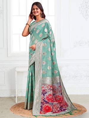 Sea green woven linen silk blend saree with floral print pallu 3
