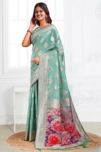 Sea green woven linen silk blend saree with floral print pallu