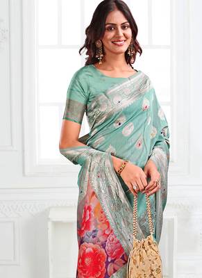 Sea green woven linen silk blend saree with floral print pallu 4