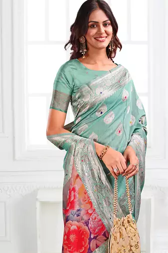 Sea green woven linen silk blend saree with floral print pallu