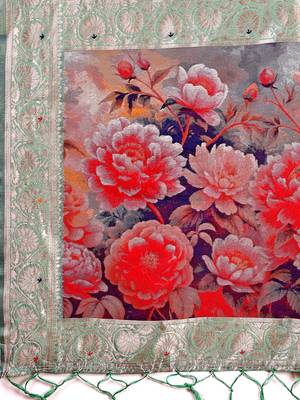 Sea green woven linen silk blend saree with floral print pallu 5