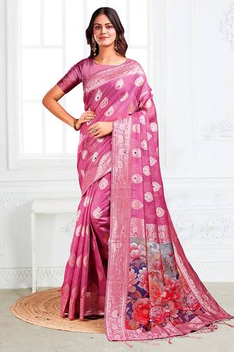 Onion pink woven linen silk blend saree with floral print pallu