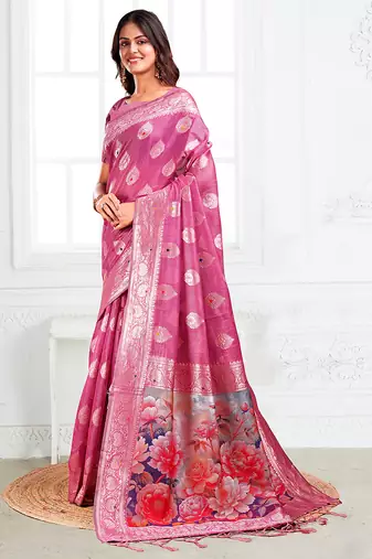 Onion pink woven linen silk blend saree with floral print pallu