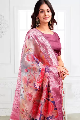Onion pink woven linen silk blend saree with floral print pallu