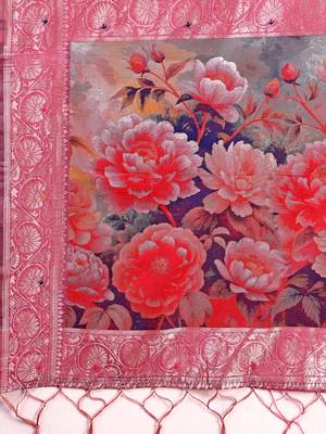 Onion pink woven linen silk blend saree with floral print pallu 5