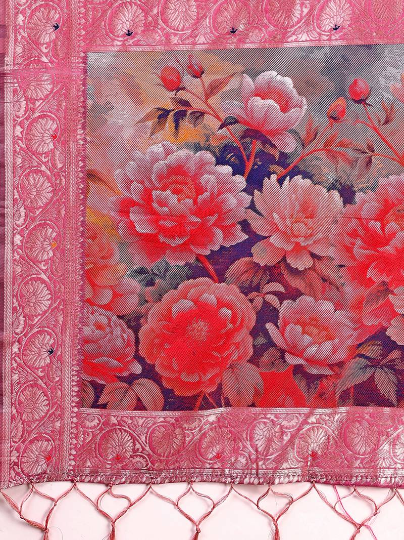 Onion pink woven linen silk blend saree with floral print pallu