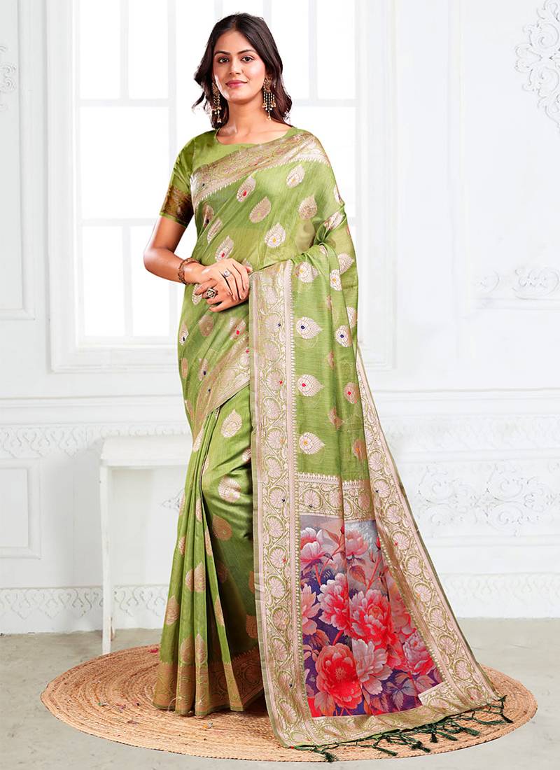 Light green woven linen silk blend saree with floral print pallu