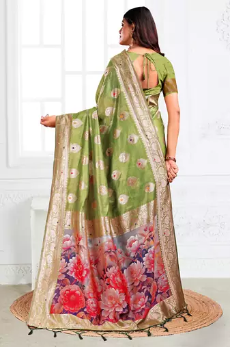 Light green woven linen silk blend saree with floral print pallu