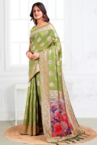 Light green woven linen silk blend saree with floral print pallu