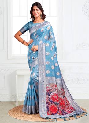 Light blue woven linen silk blend saree with floral print pallu 1