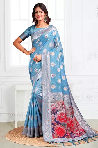 Light blue woven linen silk blend saree with floral print pallu