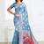 Light blue woven linen silk blend saree with floral print pallu