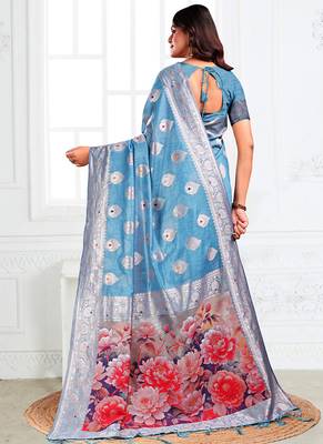 Light blue woven linen silk blend saree with floral print pallu 2