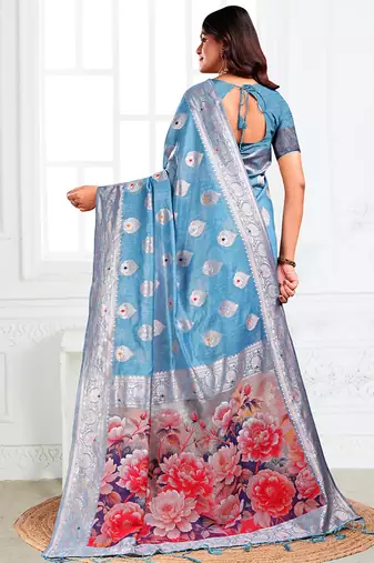 Light blue woven linen silk blend saree with floral print pallu