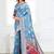 Light blue woven linen silk blend saree with floral print pallu