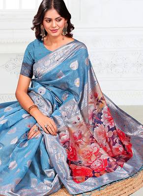 Light blue woven linen silk blend saree with floral print pallu 4