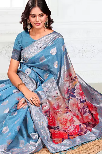 Light blue woven linen silk blend saree with floral print pallu