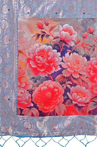 Light blue woven linen silk blend saree with floral print pallu