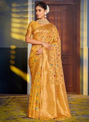 Mustard banarasi silk blend saree with rich gold zari floral weaving 1