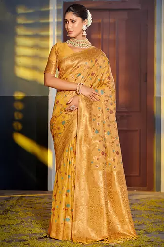 Mustard banarasi silk blend saree with rich gold zari floral weaving
