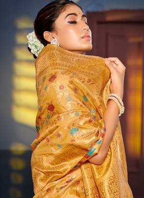 Mustard banarasi silk blend saree with rich gold zari floral weaving 2