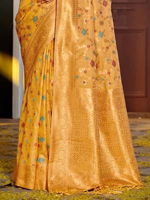 Mustard banarasi silk blend saree with rich gold zari floral weaving 3