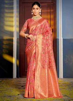 Pink banarasi silk blend saree with rich gold zari floral weaving 1
