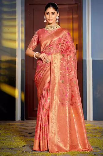 Pink banarasi silk blend saree with rich gold zari floral weaving