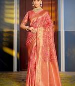 Pink banarasi silk blend saree with rich gold zari floral weaving