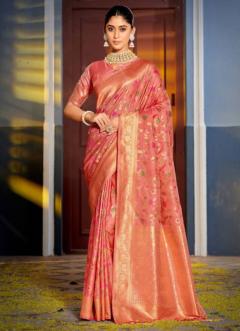 Pink banarasi silk blend saree with rich gold zari floral weaving