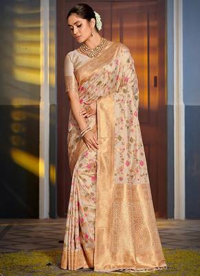 Cream banarasi silk blend saree with rich gold zari floral weaving 1