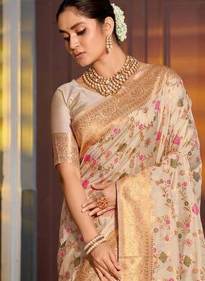 Cream banarasi silk blend saree with rich gold zari floral weaving 2